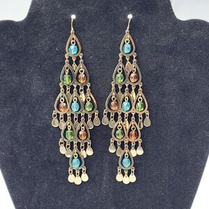 Vintage Fashion 80's Gold tone‎ Metal Dangle Large Drop Earrings 4.5"